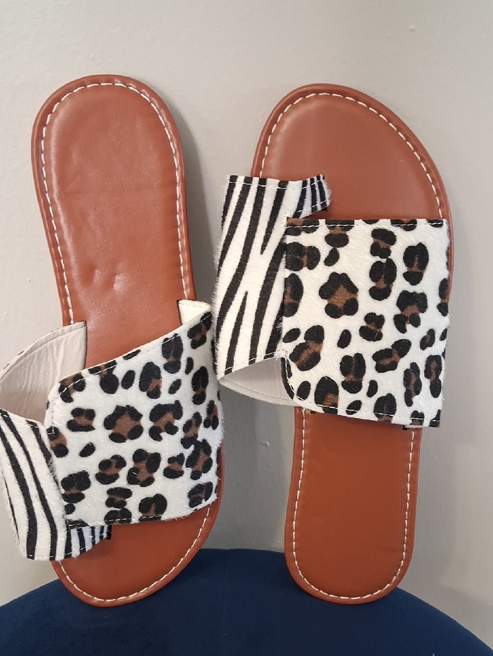 Leopard & Zebra Print Slide Sandals - Brown Footbed